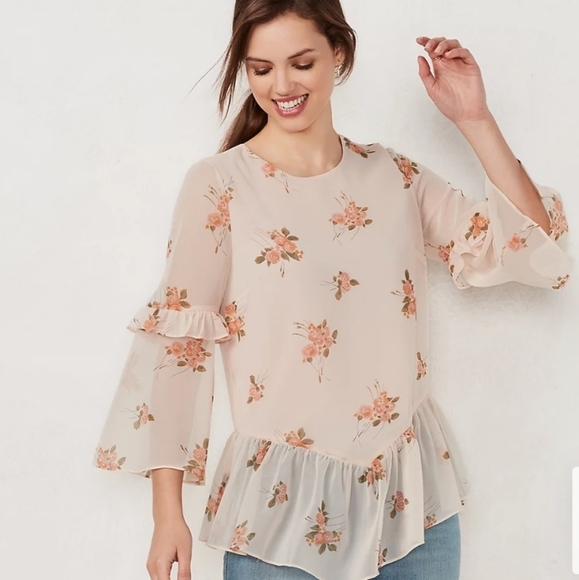 Peach Floral Chiffon Ruffle Blouse 3/4 Sleeve - Picture 2 of 9
